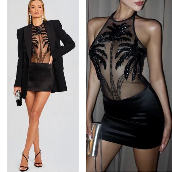 Retrofete Ondine Sequin Embellished Palm Tree Sheer Black Mini Dress Size Medium - Picture 2 of 9